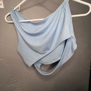 ONE SIDED SHOULDER BLUE CROP TOP BELLY SLIT SHIRT